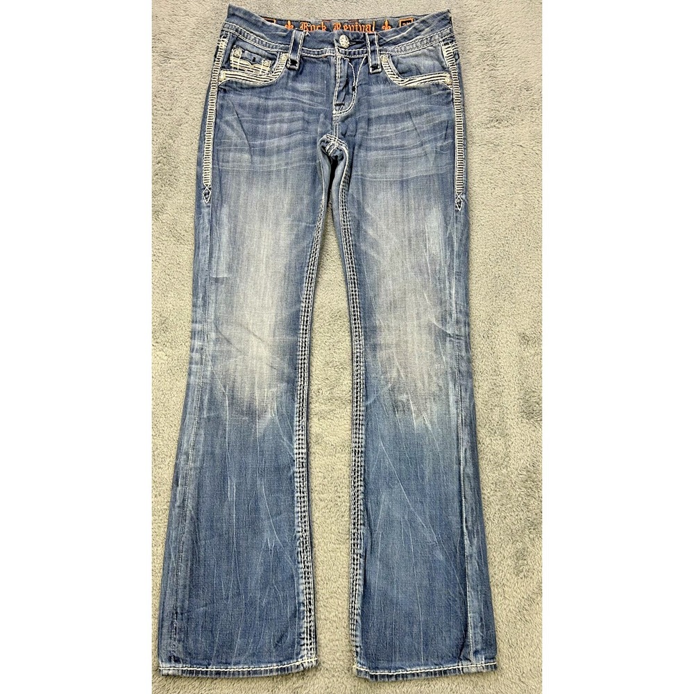 Rock Revival Jeans Womens 27x30 Kai Boot Thick Stitch Sequin Studs Perfect Fade - Picture 2 of 15